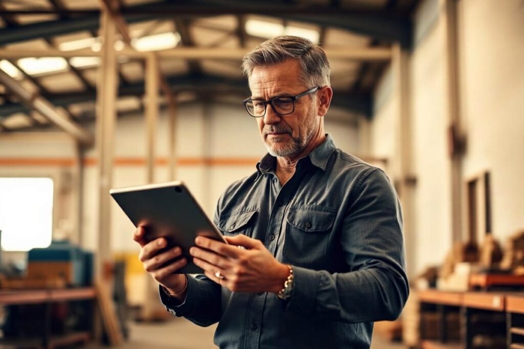 Business owner reviewing financial details on a tablet before a business exit