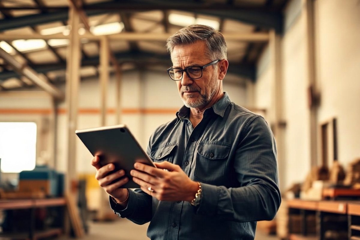Business owner with glasses using a tablet in a workshop
