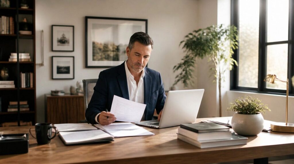 Business owner reviewing financial documents at his desk for wealth management and financial planning