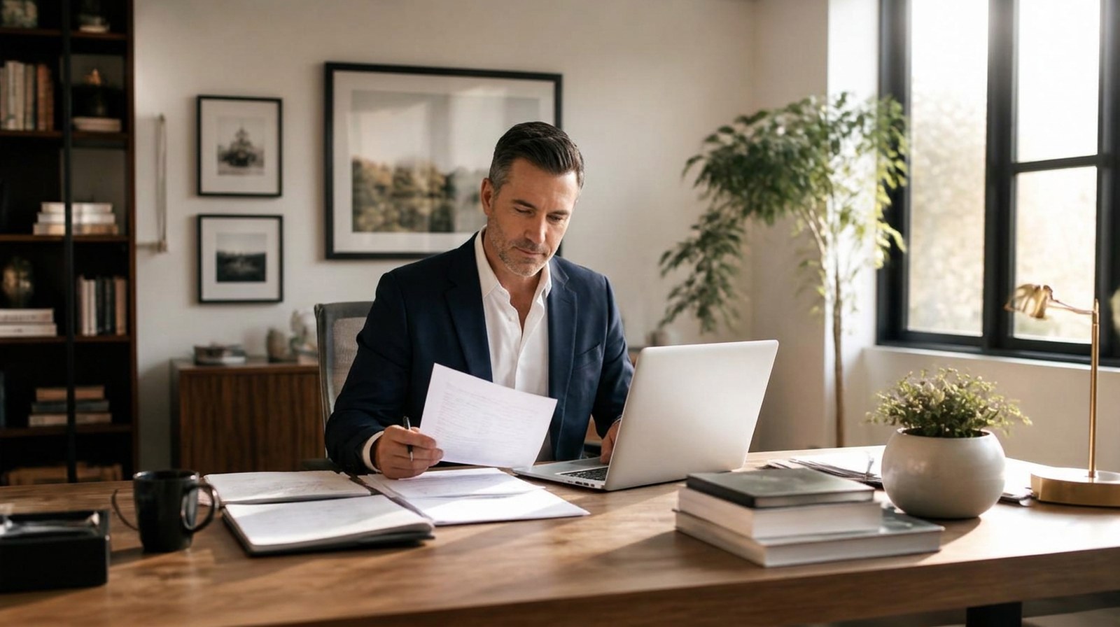 Financial advisor in a navy suit reviewing paperwork beside a laptop