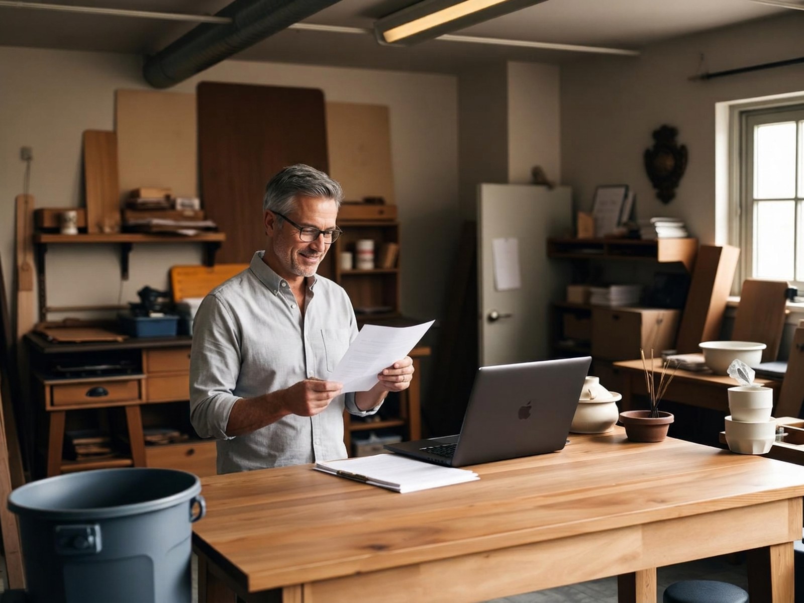 Business owner with glasses reviewing papers beside a laptop in a pottery workshop