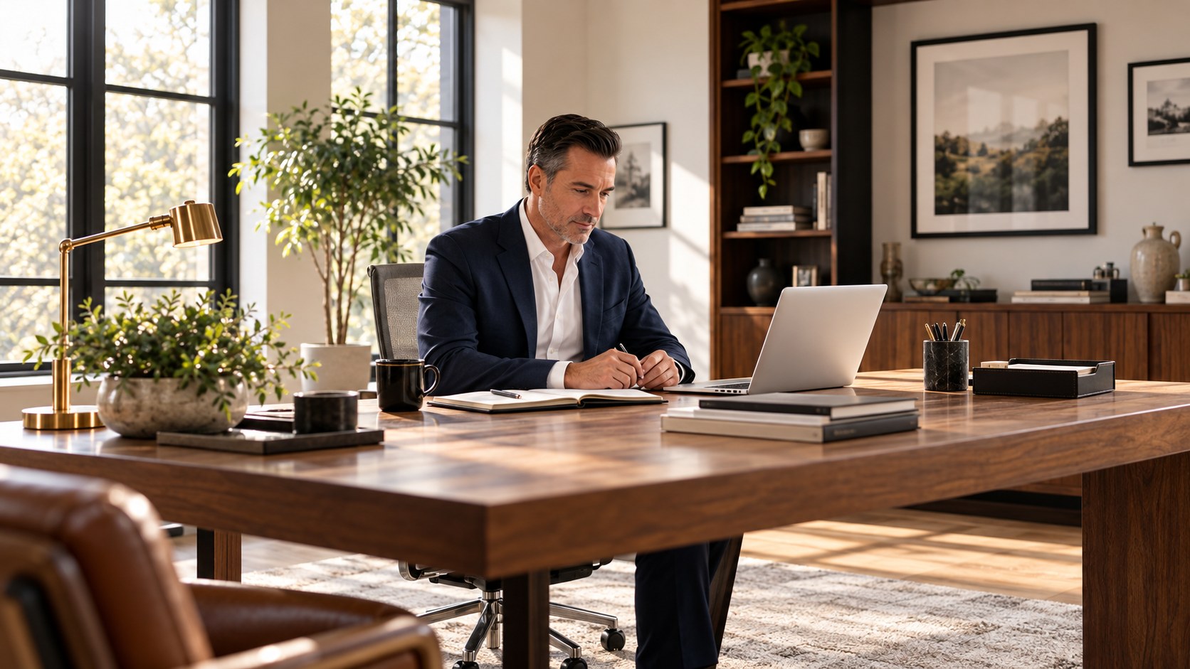 Wealth advisor seated at a home office desk beside a laptop and notebook