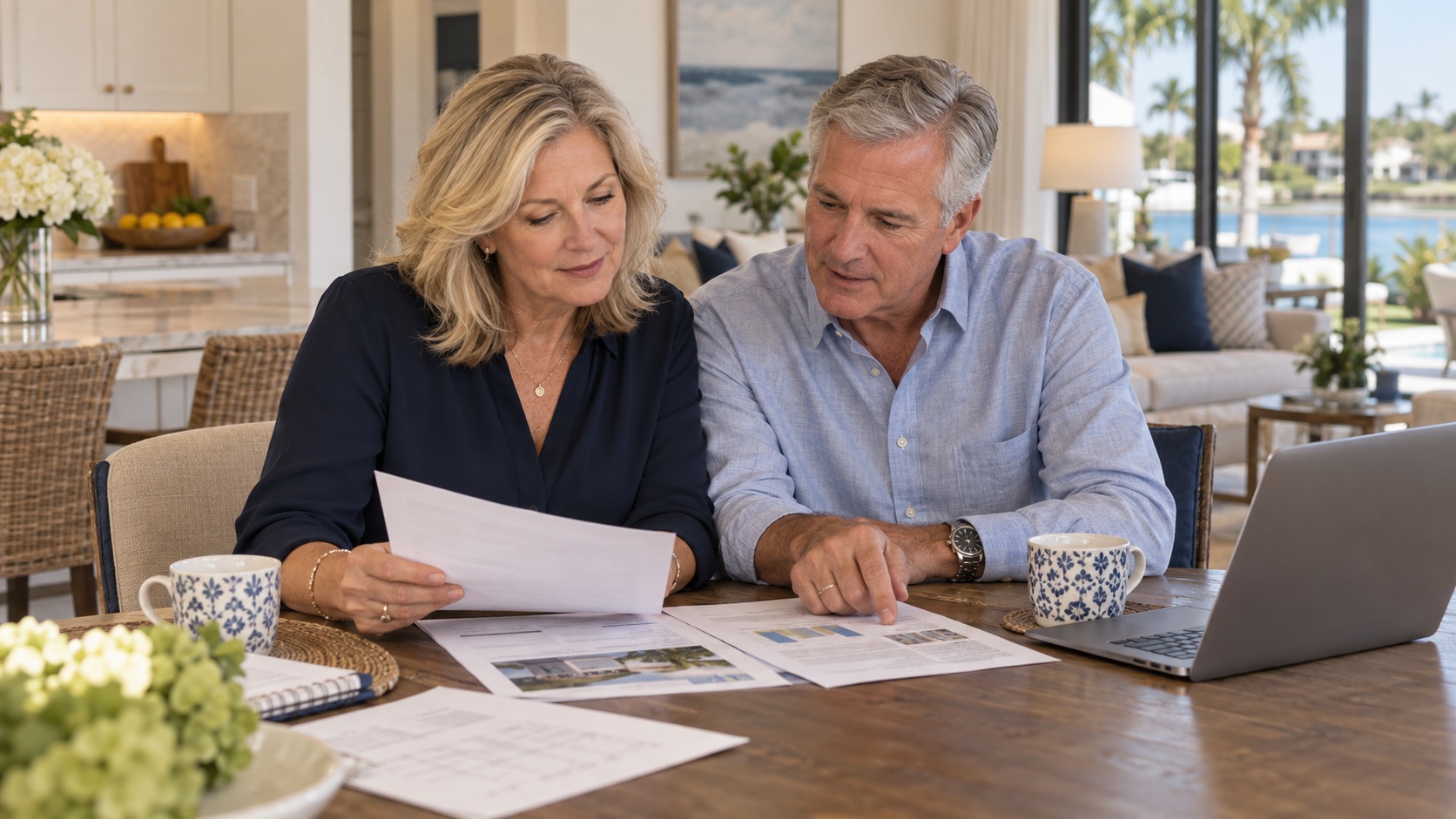 Two people reviewing a printed plan together at a table
