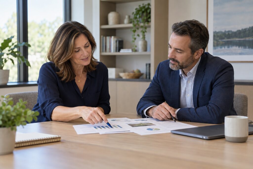 Two people discussing printed charts at a desk