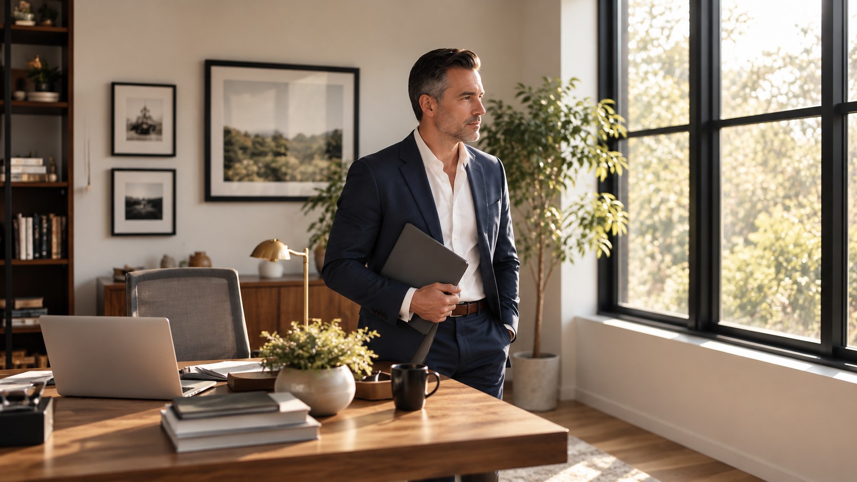 Business owner holding a folder beside his desk and looking toward a window