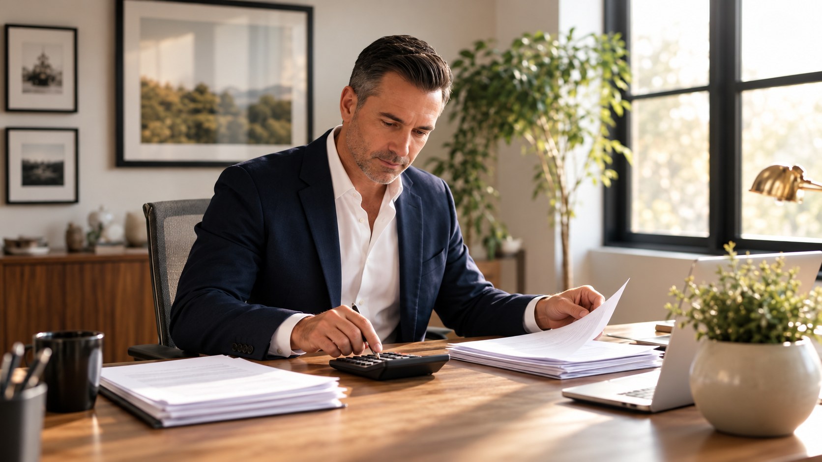 Wealth advisor using a calculator while reviewing paperwork at a wooden desk