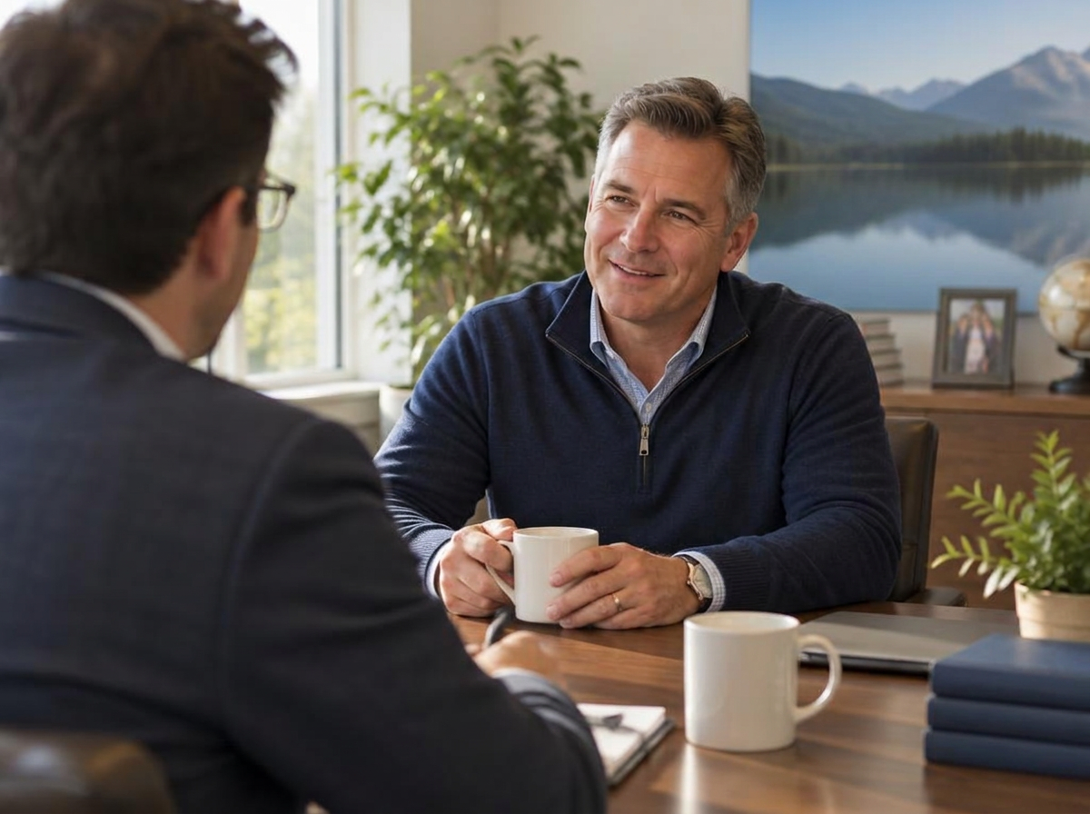 Two people talking across a table