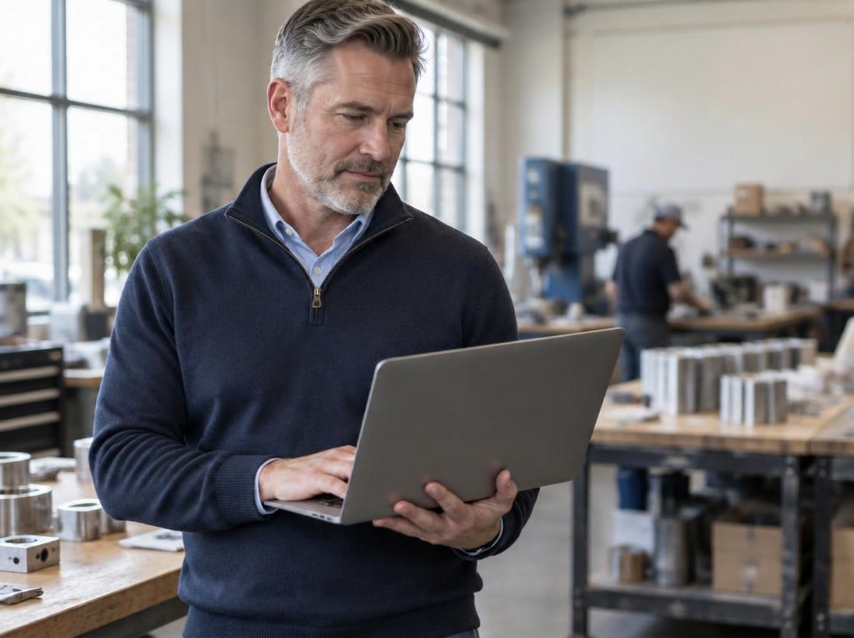 Business owner holding a tablet in a workshop
