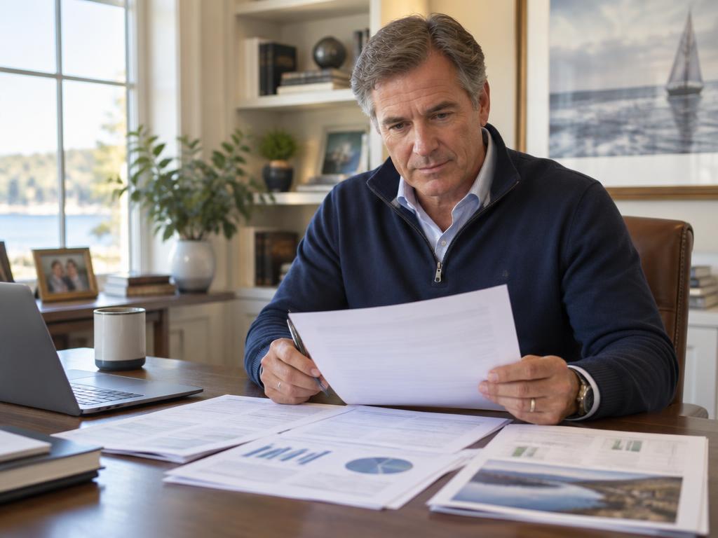 Man reviewing printed documents beside a laptop