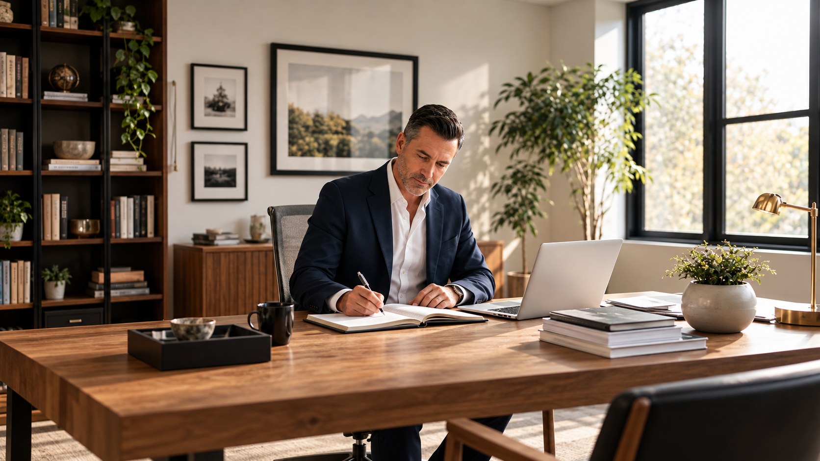 Man writing in a notebook at a wooden desk with an open laptop