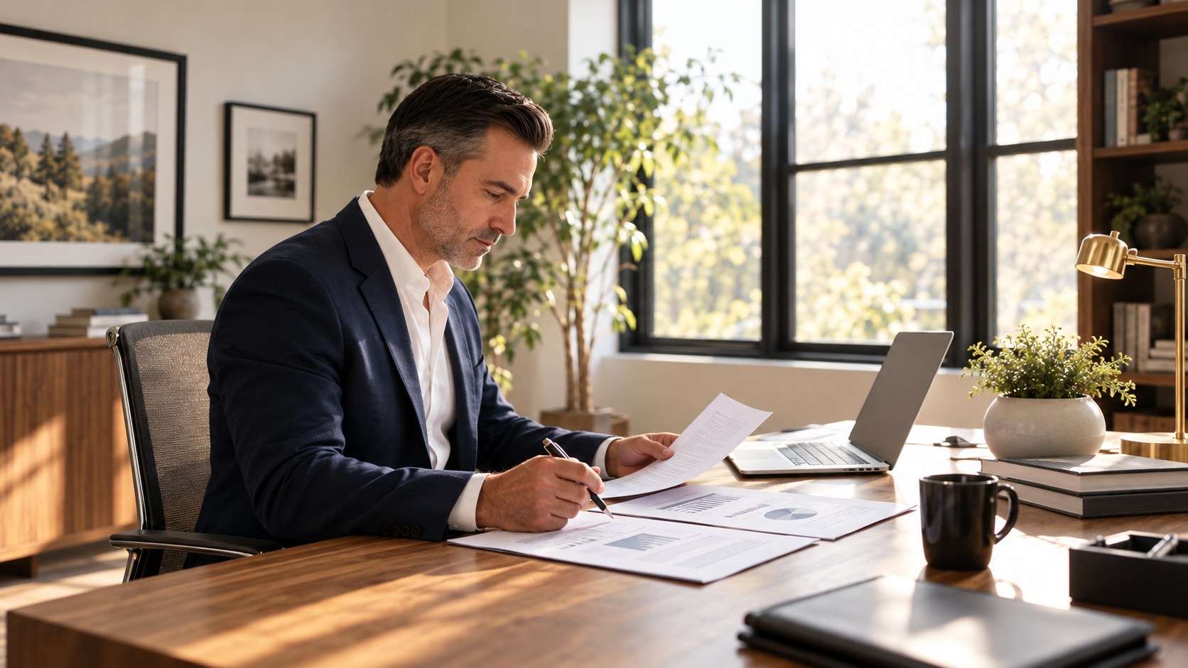 Man in a navy suit comparing printed documents beside a laptop