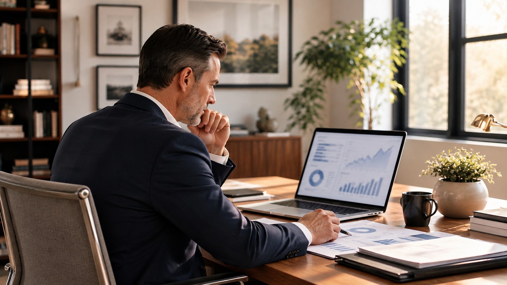 Wealth advisor reviewing charts on a laptop with a printed report on his desk