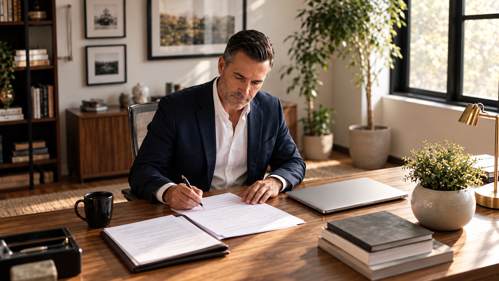 Wealth Advisor writing notes on a printed document beside a closed laptop