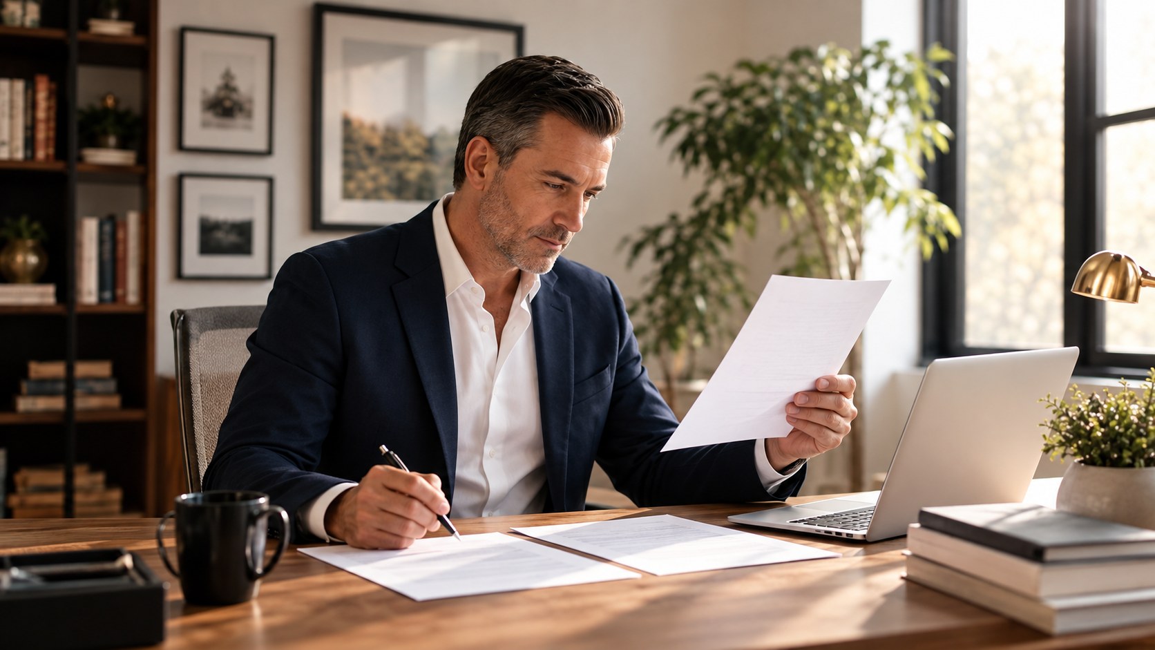 Man holding a printed document while reviewing papers at his desk