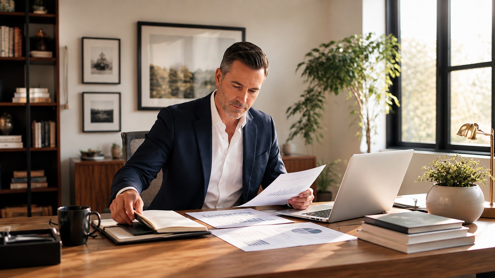 Wealth advisor organizing printed reports beside a laptop and notebook