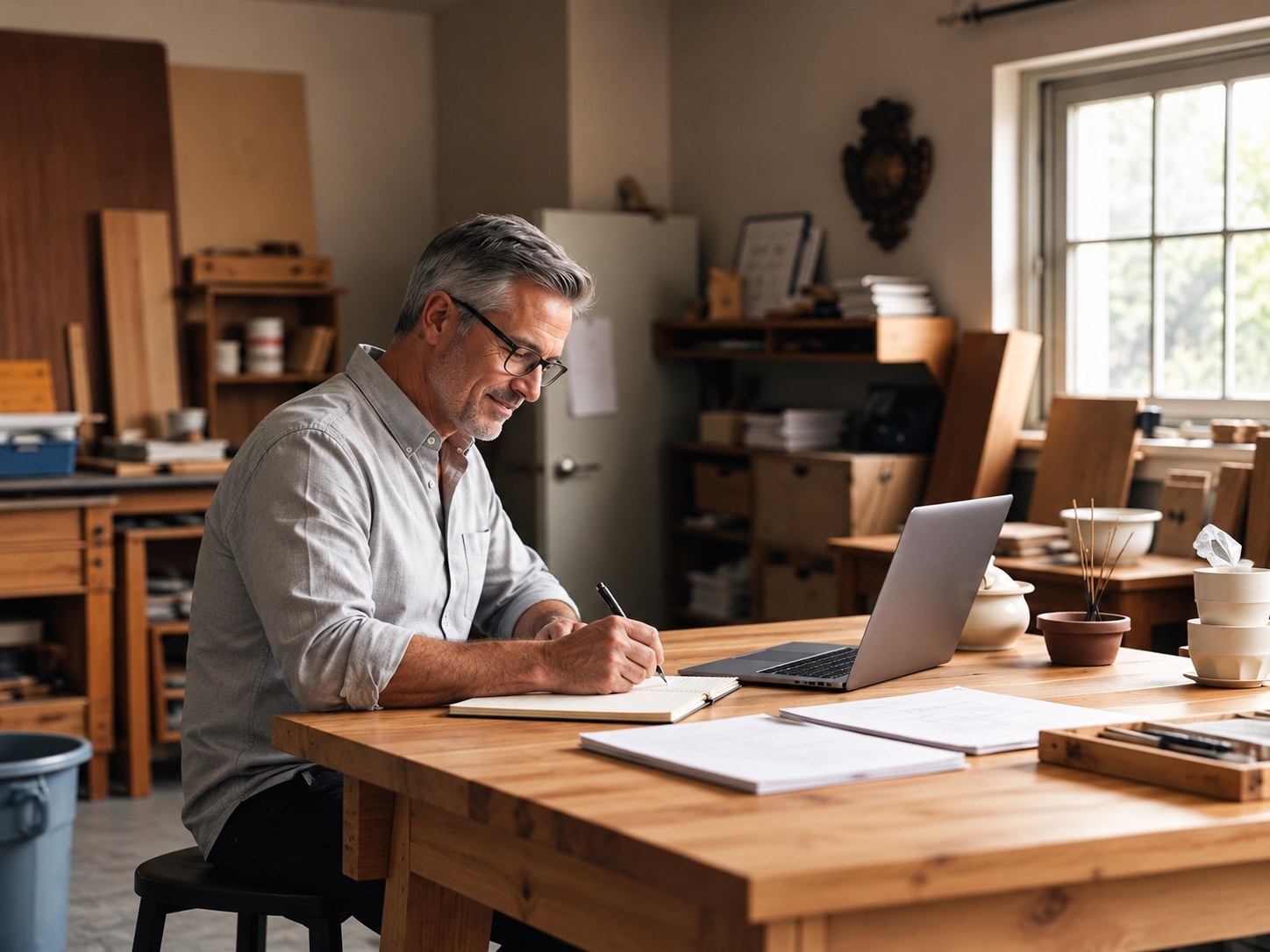 Man with glasses writing in a notebook beside a laptop in a pottery workshop